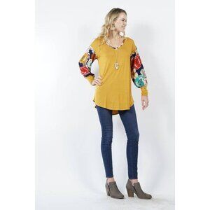 Floral Sleeve Mustard Yellow Women's Top With V-Neck Size LARGE